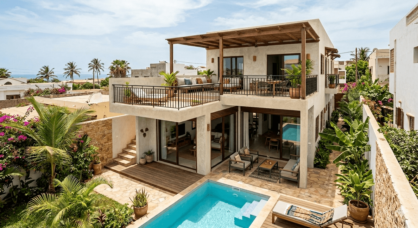 Villa contemporaine piscine terrasse bois jardin tropical Mbour