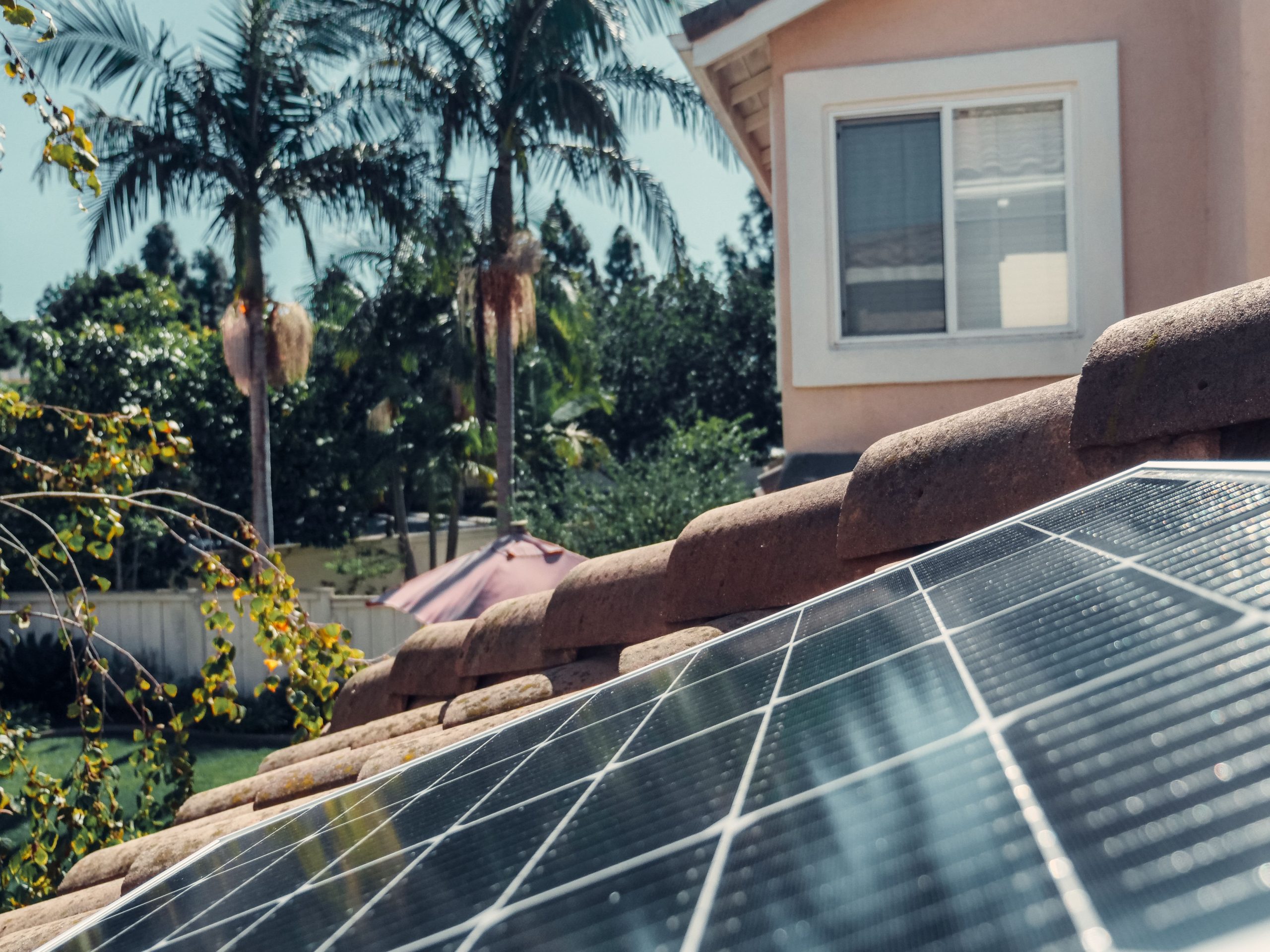 Panneaux solaires sur toiture maison tropicale palmiers énergie solaire Sénégal